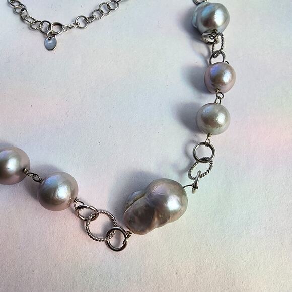 Signed LUC 925 CN Lucas Lameth Sterling Silver Gray Baroque Pearl Necklace long - Picture 2 of 10